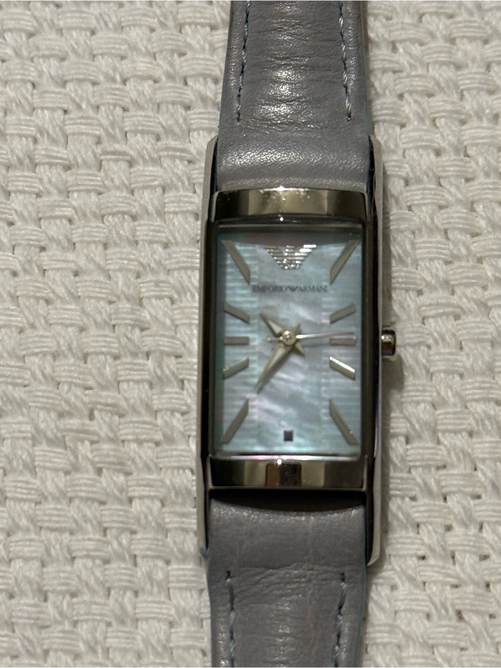 Emporio Armani Blue Leather Strap Rectangular Mother-of-Pearl Dial Watch